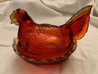 Vintage Indiana Glass Red Hen / Chicken On Nest Candy Dish With Beaded Edge