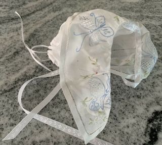 Baby Bonnet Vintage White Delicate Linen With Butterflies And Flowers