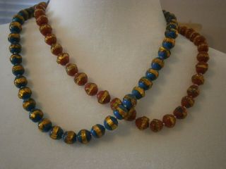 2 Vintage Necklaces Red Glass Foil And Blue Glass Foil Beaded Necklaces Japan