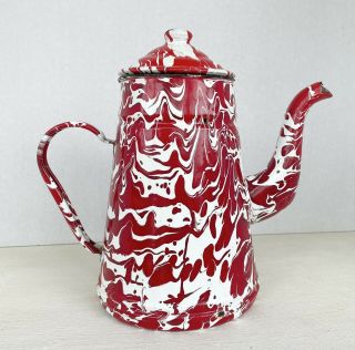 Vintage Granite Ware Enamel Tea Kettle Coffee Pot Red White Swirl Gooseneck 8 "
