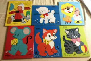 6 Vintage Playskool Wood Puzzles,  4 Animals,  Fireman,  Lion Tamer 1966,  Very Good