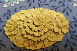 Divine Vintage 1940s Tan Carved Celluloid Oval Floral Pin Brooch 2 1/2 "