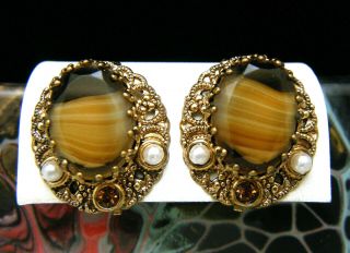 Vintage W Germany Clip Earrings Brown Givre Glass Rhinestone Faux Pearl Gold Ton