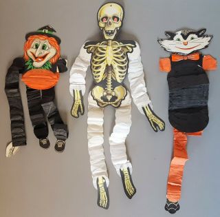 3 Vtg Beistle Halloween Dancer Crepe Paper Decorations Skeleton Witch Cat