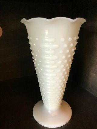 Vintage Fenton White Milk Glass Hobnail Trumpet Vase Tall Ruffled Edge 9 1/2