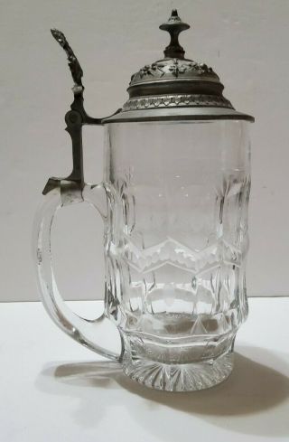 Vintage German Beer Stein Crystal Pewter Lid Mug Barware Etched Acorns Leaves