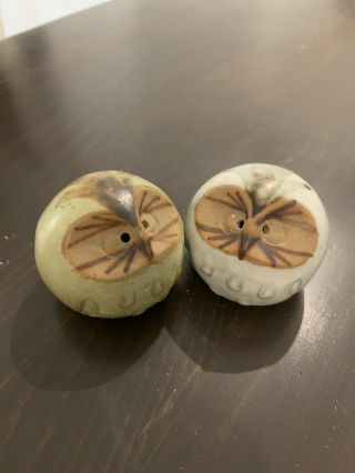 Mid Century Vintage Salt & Pepper Shakers Small Round Owls Pottery Modern