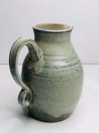 Vintage clay studio art pottery pitcher hand crafted & signed blue green glazed 2
