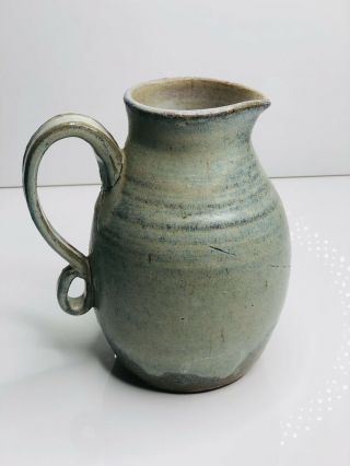 Vintage clay studio art pottery pitcher hand crafted & signed blue green glazed 3