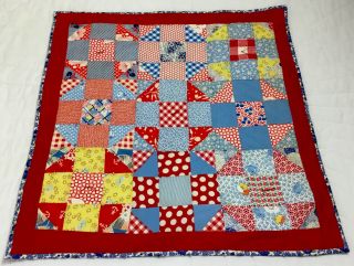 Vintage Patchwork Quilt Table Topper Or Doll Crib Quilt,  Nine Patch,  Red,  Blue