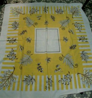 Vintage Yellow & White Leaf Print Cotton Tablecloth