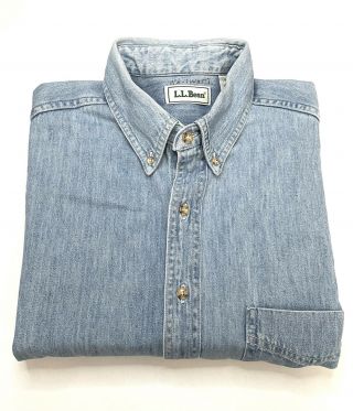Vintage 90s Ll Bean Mens Denim Chambray Button Front Shirt Blue - Large