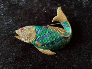 High End Vintage Fish Brooch Rhinestones Blue Green Enamel Scales 3” Pin