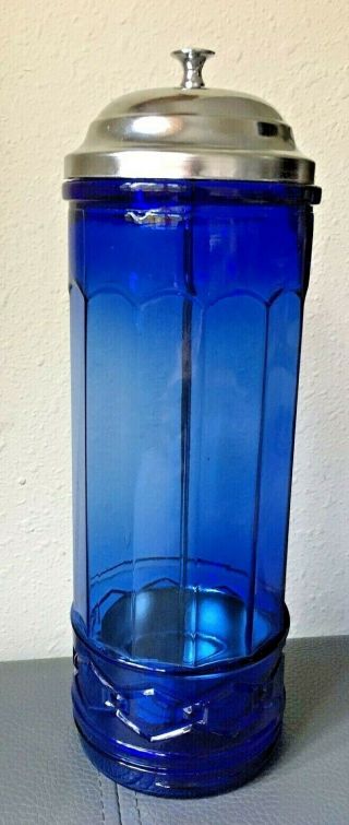 Vtg Cobalt Blue Glass Straw Dispenser Holder Metal Insert Art Deco Design Panel