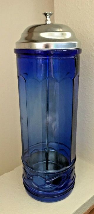 Vtg Cobalt Blue Glass Straw Dispenser Holder Metal Insert Art Deco Design Panel 2
