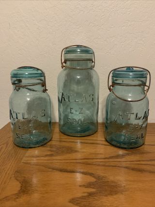 3 Vintage Atlas E - Z Seal Green Mason/canning Jars