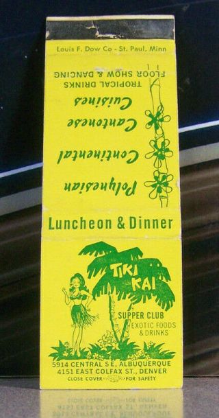 Rare Vintage Matchbook L5 Denver Colorado Tiki Kai Polynesian Supper Club Girl