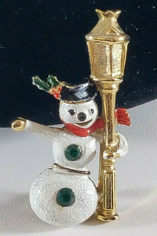 Vintage Christmas Brooch Pin Snowman Lamp Post Signed B.  J.  Rhinestones Enamel