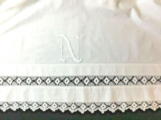 Vintage White Cotton Double Bed Flat Sheet Crochet Trim & Monogram N,  80” By 93”