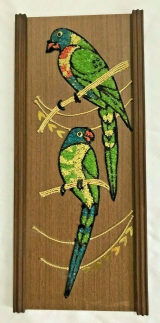 Vintage Gravel Pebble Art Parrots Mid Century Retro Mcm Mod 17 " X7.  5 " Green Blue