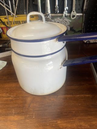 Vintage White Enamel Double Boiler Pot With Cobalt Blue Trim