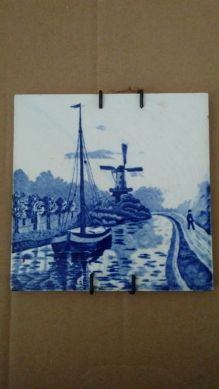 Vintage Dutch Delft Blauw Pottery Tile • Hand Painted Windmill Design Wirh Boat