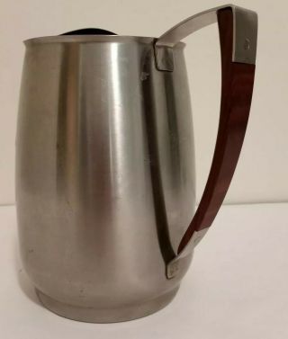 Vintage Mid Century Mod West Bend Stainless Steel Pitcher - Wood Handle - Ice Lip