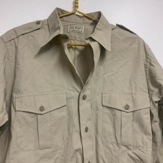 Ll Bean Cotton Poplin Field Shirt Safari Pocket Khaki Tan Usa Vintage Mens L
