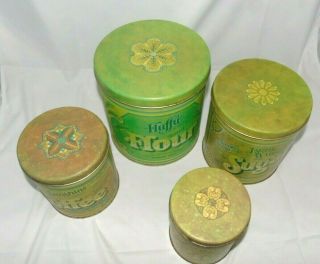 Vintage 4 Tin Canisters Fluffy Flour Brite White Sugar Sunshine Coffee GL Tea 2