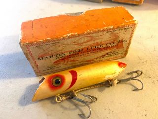Antique Martin Lure Co Yellow Red Gill 4.  5” Washington Vintage Wooden Plug W/box 2