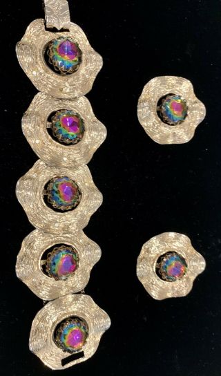 Vintage 1950’s Ann Vien Aurora Borealis Rare Bracelet And Earrings Gold Set