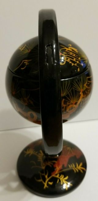 Vintage Wood Globe Hidden Ashtray Black Lacquer Oriental Asian Motif 2