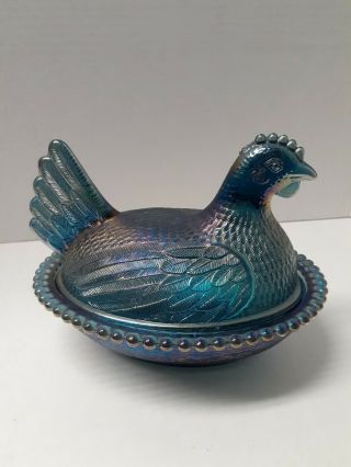 Vintage Blue/green Iridescent Carnival Glass Hen On A Nest Chicken Candy Dish