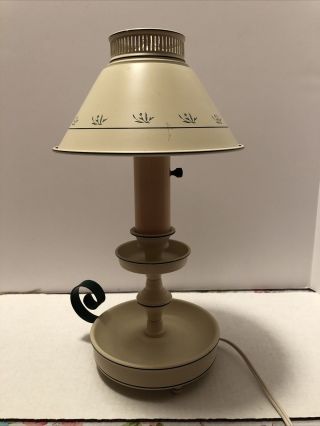 Vintage Cream Tole Ware Table Lamp With Hunter Green - Colored Accents.  L