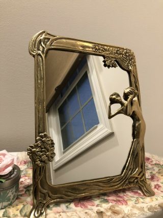 Vintage Mirror Lady By The Lake Art Nouveau Solid Brass Frame