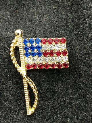 Vintage Rafaella Usa,  American Flag Gold Tone Rhinestone Brooch Pin 2 " July 4