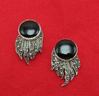 Vintage Sterling Silver Pierced Earrings Black Onyx Marcasites Gemstone 909r