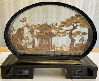 Euc Vintage 1988 Oriental Hand Carved Cork Art Diorama Bonsai Temple Birds 8.  25”