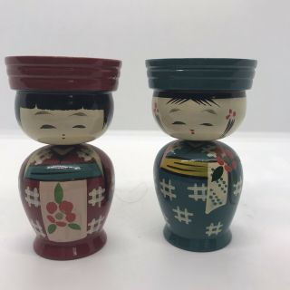 Vintage Pair Hand Painted Wooden Japanese Kokeshi Doll Egg Cups Holders Figural