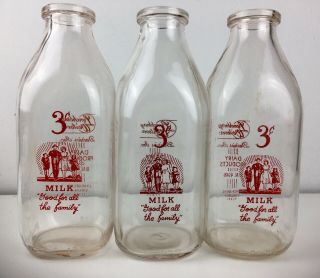 3 Vintage Lynchburg Westover Dairies Quart Glass Milk Bottles Virginia Va