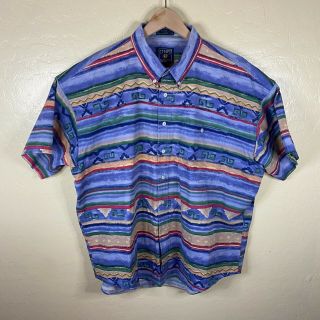 Vintage Chaps Ralph Lauren Button Down Shirt Mens Xl Colorful Blue Stripe Aztec