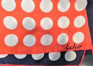Vintage ECHO Silk Oblong Scarf Dots Red White Blue 61 