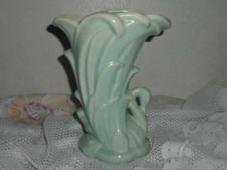 Vtg McCoy Pottery Swan Vase Aqua/Green w/ Pink Drip 9.  25 