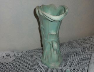 Vtg McCoy Pottery Swan Vase Aqua/Green w/ Pink Drip 9.  25 