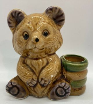 Vintage Ceramic Honey Teddy Bear Toothpick Holder Vase Japan Brown Green Yellow