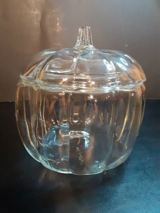 Vintage Anchor Hocking Clear Glass Pumpkin Cookie Jar Candy Dish Canister