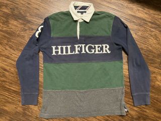 Vtg Tommy Hilfiger Rugby Polo Long Sleeve Shirt Color Block Striped 8 Size M