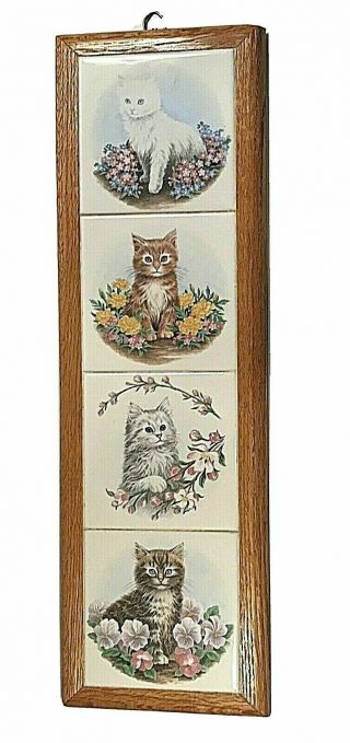 Vintage 4 Ceramic Tiles Cats Flowers Plaque Cat Kitten Kitty Oak Frame Wall Art