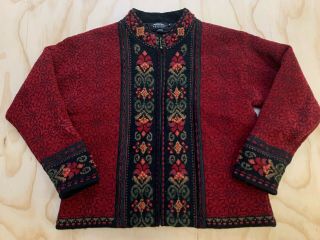 Vtg Icelandic Design Women Size Medium Red Knit Full Zip Insulated Sweater