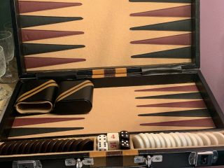 Vintage Backgammon Board Game Set Faux Leather Case Brown Tan Stripes - 15 " Long